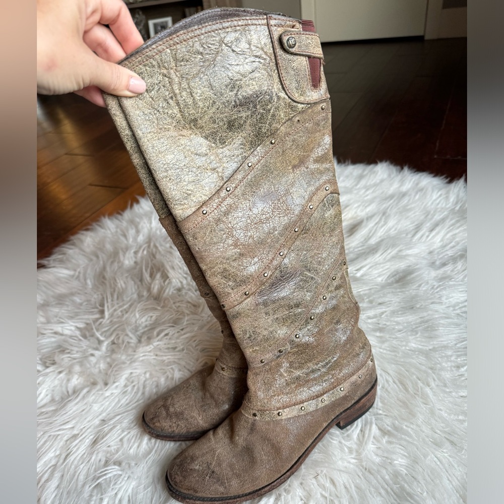 Liberty Black Distressed Tan/Brown Studded Studded Leather Riding Boots, Size 8